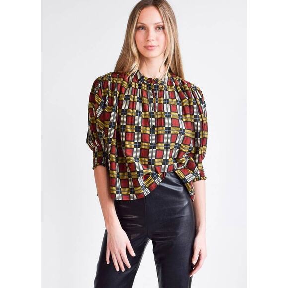 Never A Wallflower Tops - Never A Wallflower Cynthia Puff Sleeve Top XS Blue Geometric Boho Romantic NEW